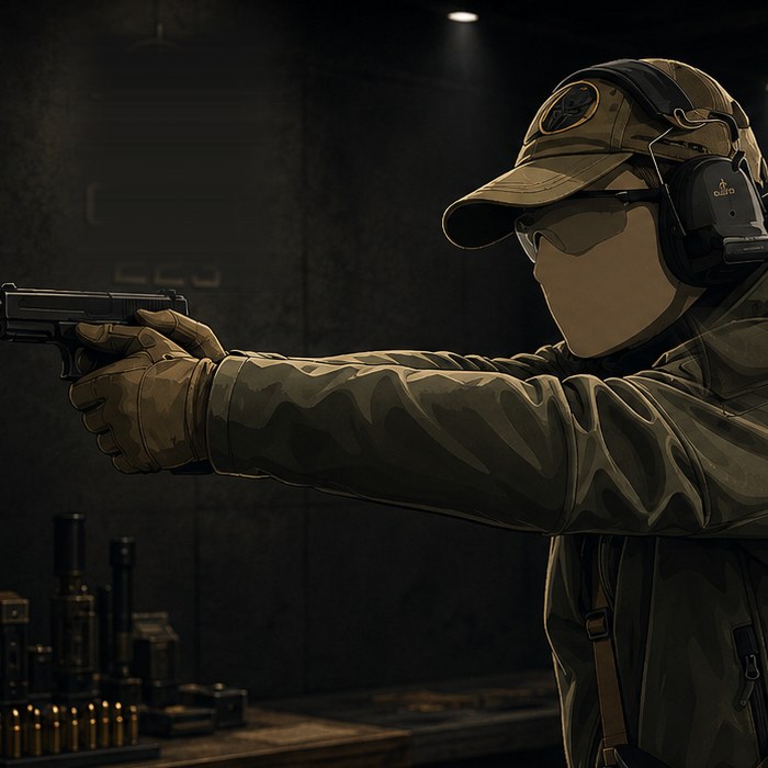 Andreas Schmitz, Cheftrainer bei ParaCon, im Anschlag mit der Kurzwaffe.